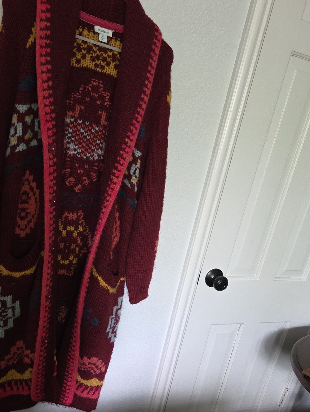 Sundance Maroon Open-Front Patterned Knit Cardigan with Pink Trim